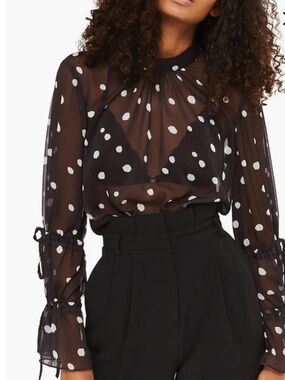 Topshop Drawstring Sleeve Sheer Dot Blouse